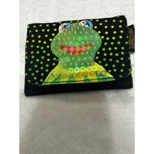 The Muppets Kermit the Frog Sequined Polka Dot Trifold Wallet Black Green Canvas